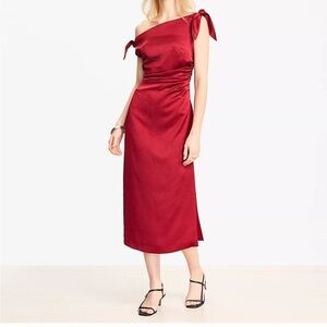LOFT Satin Tie One Shoulder Midi Dress Magenta Jewel Size 4P NWT